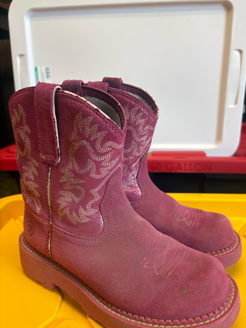 Ariat Girls Pink Suede Western Boots with Glitter Stitching